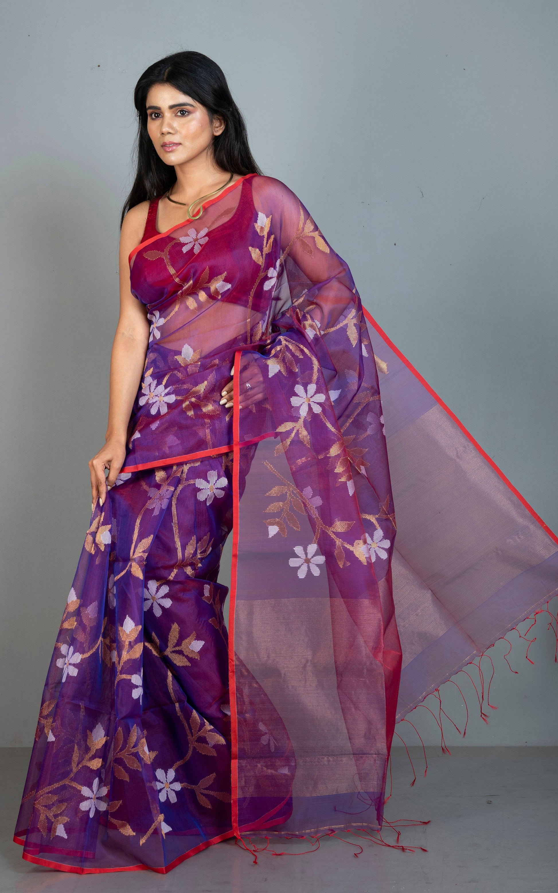 Premium Poth Muslin Silk Jamdani Saree with Jaal Floral Work in Dark Purple, Off White, Red and Golden