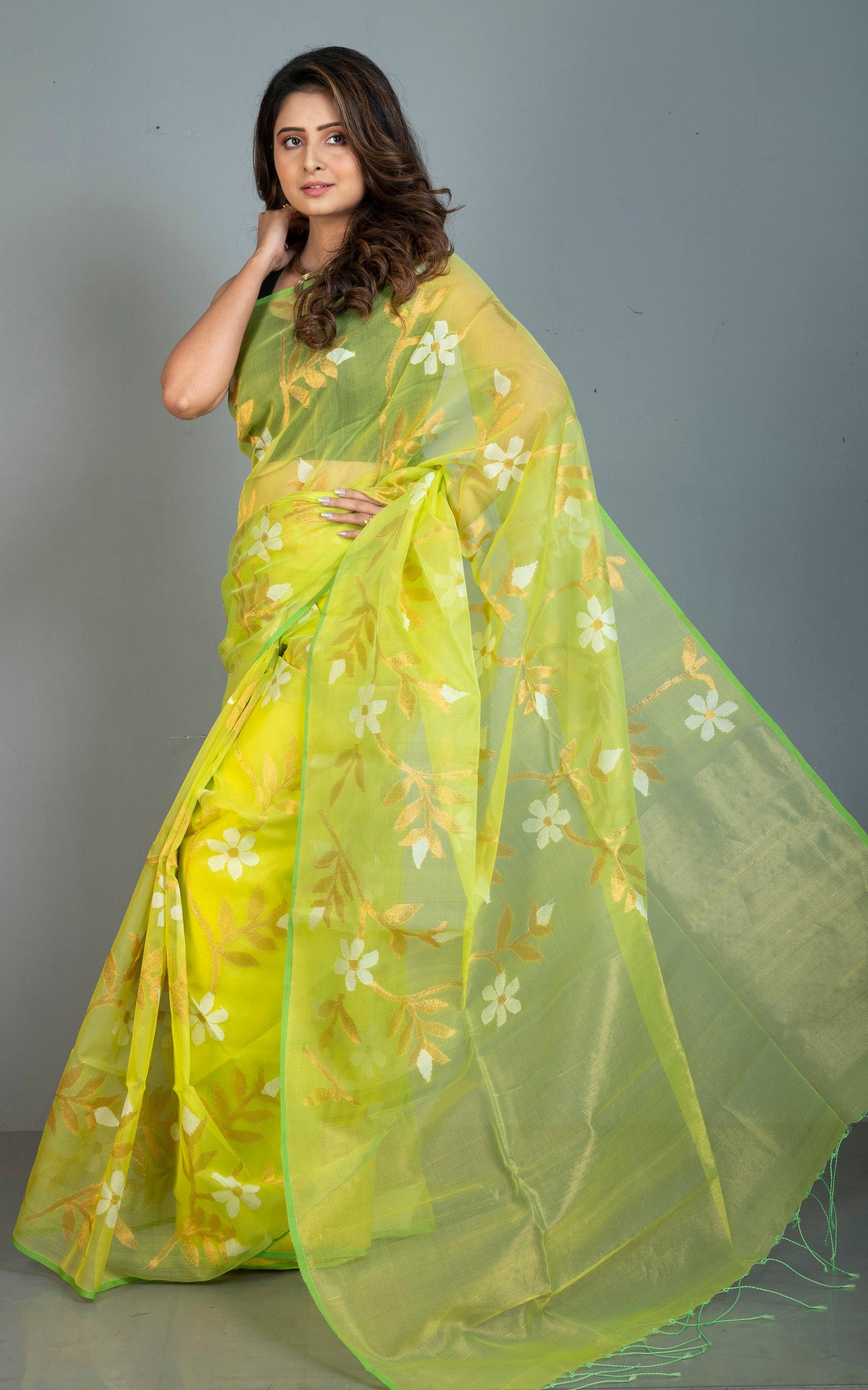 Premium Poth Muslin Silk Jamdani Saree with Jaal Floral Work in Lime Yellow, Green, Off White and Golden