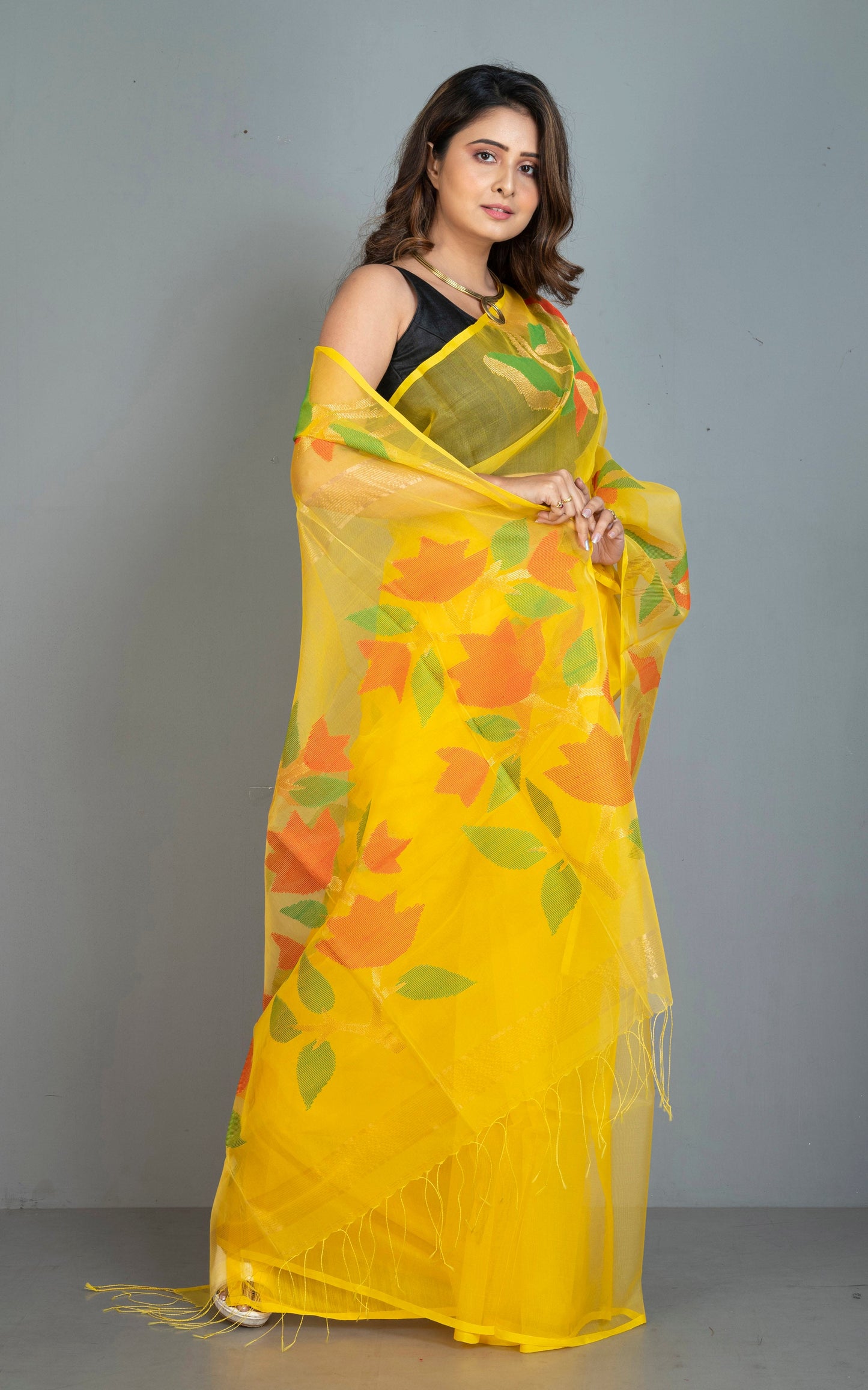 Naal Phool Woven Nakshi Work Muslin Silk Jamdani Saree in Bright Yellow, Red, Green and Gold Zari Work