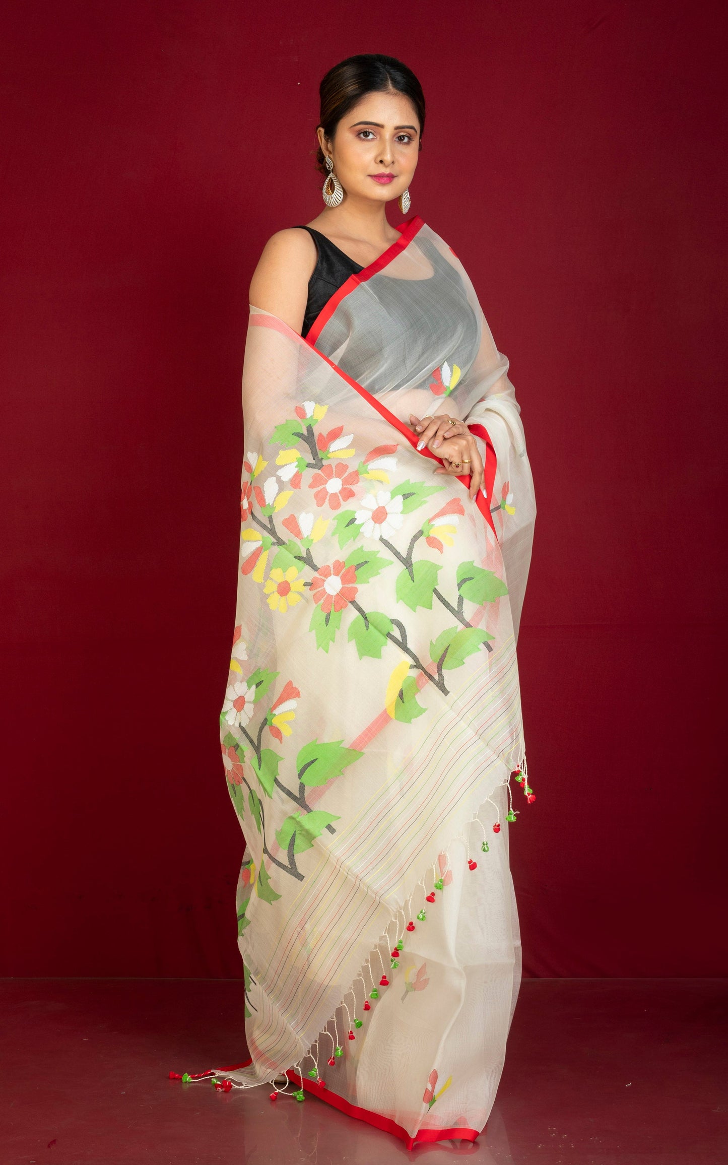 Premium Poth Muslin Silk Jamdani Saree in Chiffon White, Red and Multicolored Thread Work