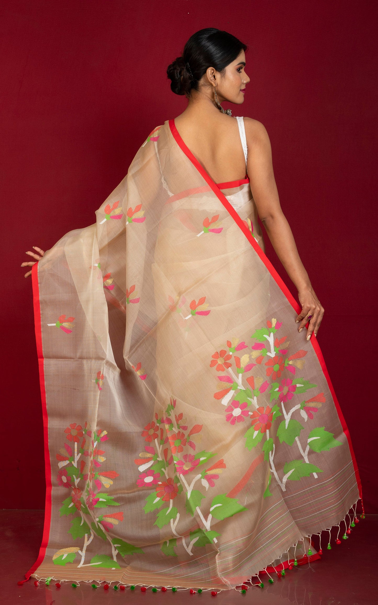 Premium Poth Muslin Silk Jamdani Saree in Rose Gold, Red and Multicolored Thread Work