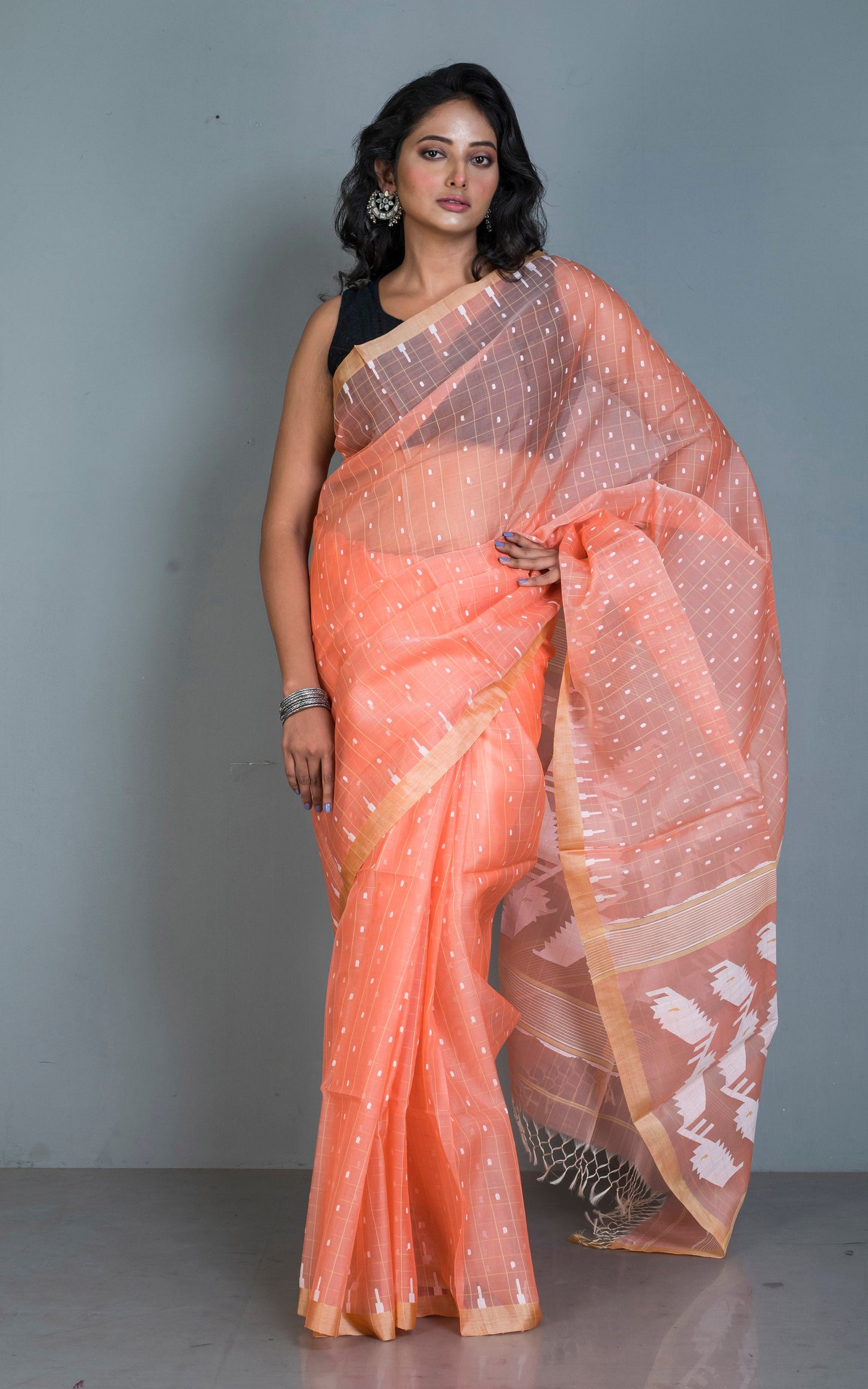 Premium Quality Contrast Checks Muslin Silk Jamdani Saree in Georgia Peach, Off White with Diffuse Gold color Tussar Silk Selvage