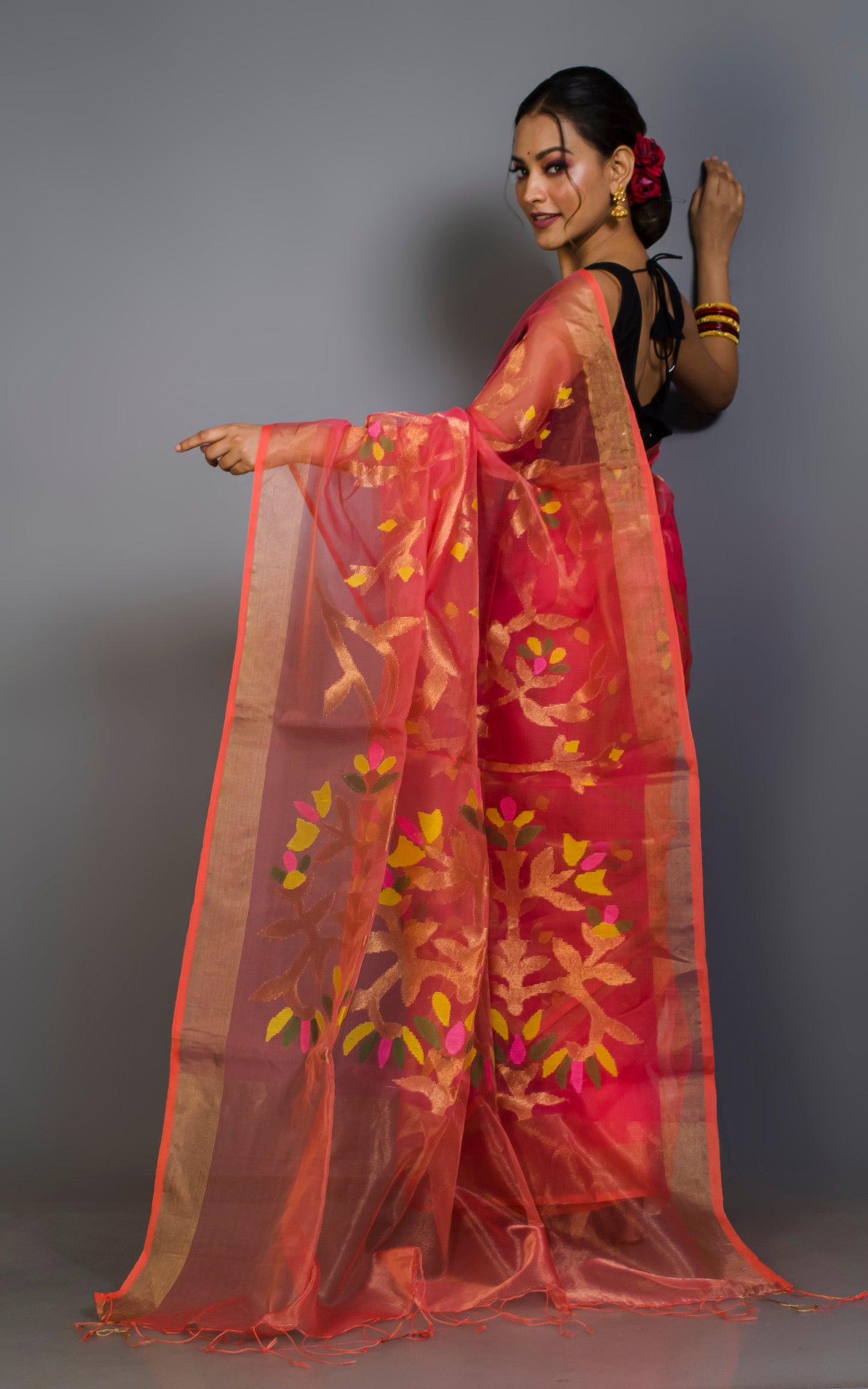 Muslin Silk Jamdani Saree in Peach, Gold Zari and Multicolored Thread Work