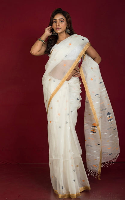 Poth Contrast Border Muslin Silk Jamdani Saree in Off White, Ecru, Pale Orange and Black