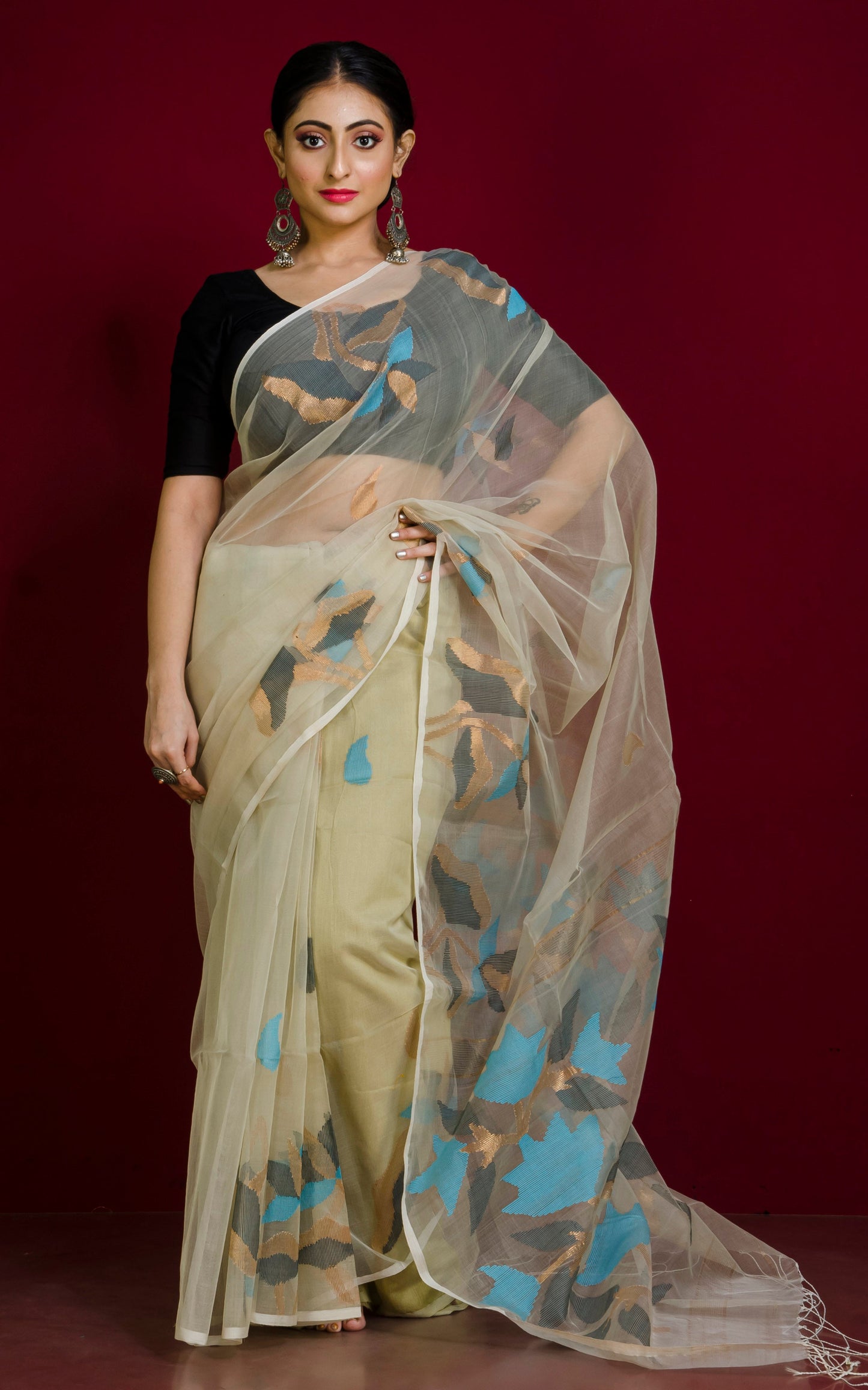 Naal Phool Woven Nakshi Work Muslin Silk Jamdani Saree in Beige, Black, Azure Blue and Gold Zari Weave