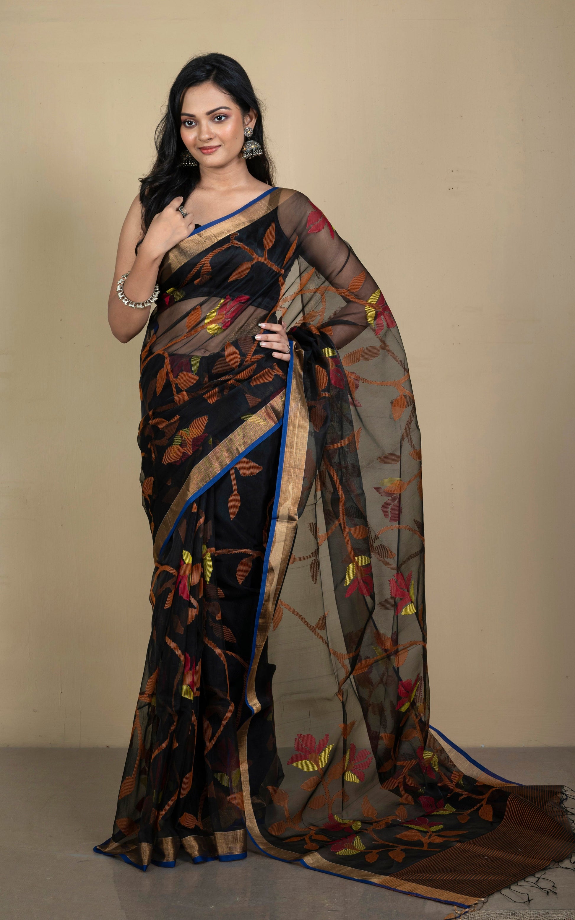 Premium Quality Muslin Silk Jamdani Saree in Black, Orange, Yellow, Brick Red and Gold Zari Work.