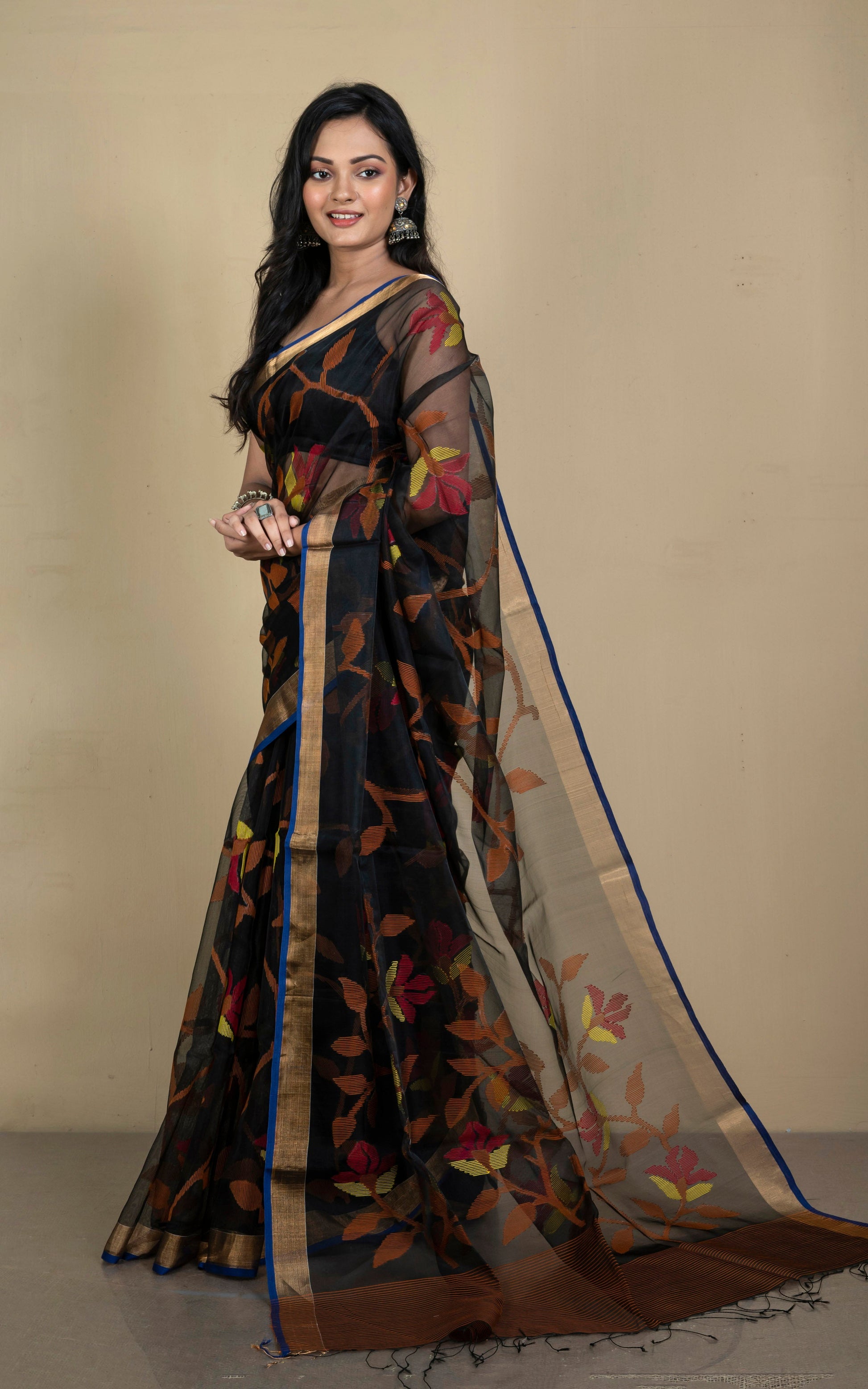 Premium Quality Muslin Silk Jamdani Saree in Black, Orange, Yellow, Brick Red and Gold Zari Work.