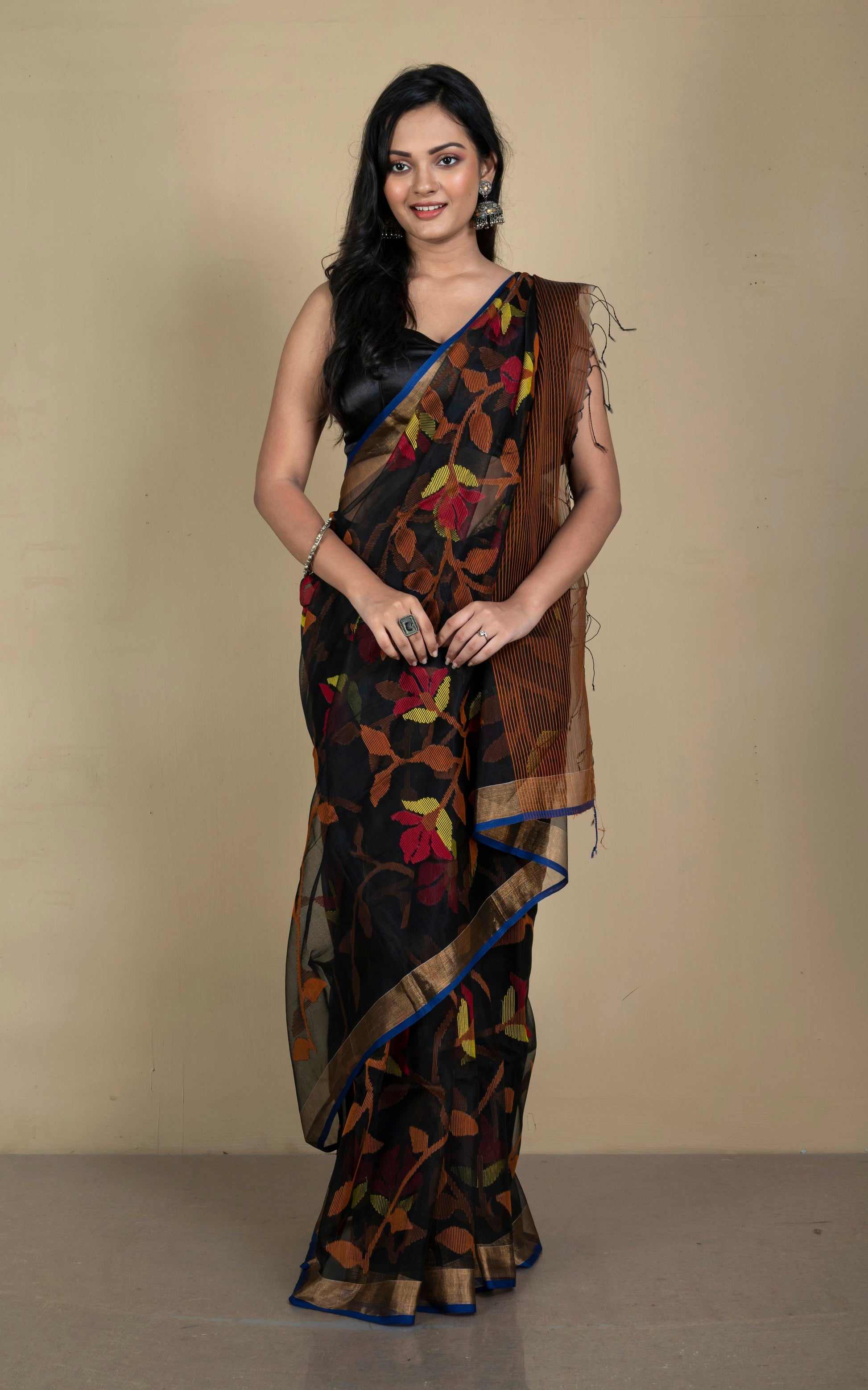 Premium Quality Muslin Silk Jamdani Saree in Black, Orange, Yellow, Brick Red and Gold Zari Work.