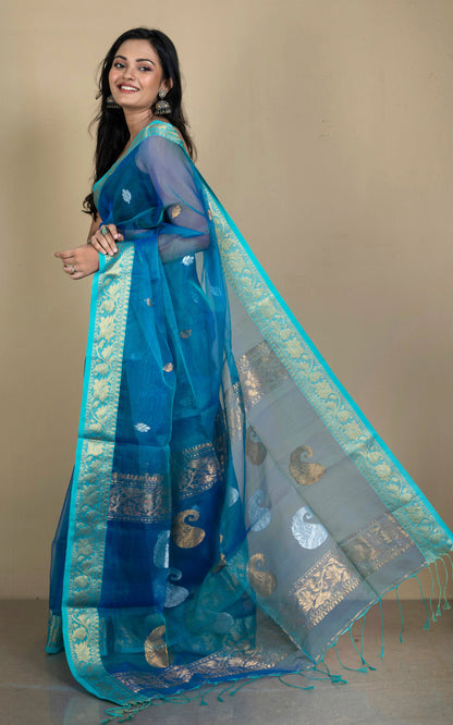 Soft Muslin Silk Banarasi Saree in Peacock Blue, Baby Blue, Golden and Silver Zari Work