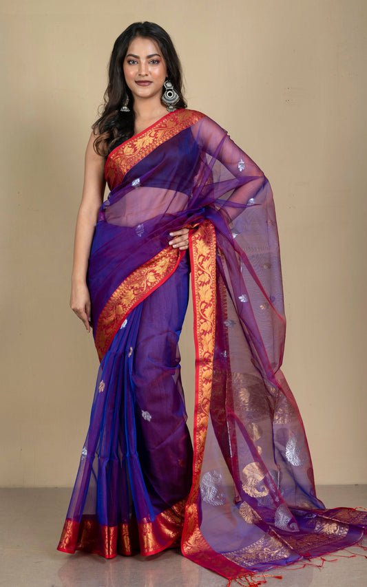 Soft Muslin Silk Banarasi Saree in Dark Purple, Red, Golden and Silver Zari Work