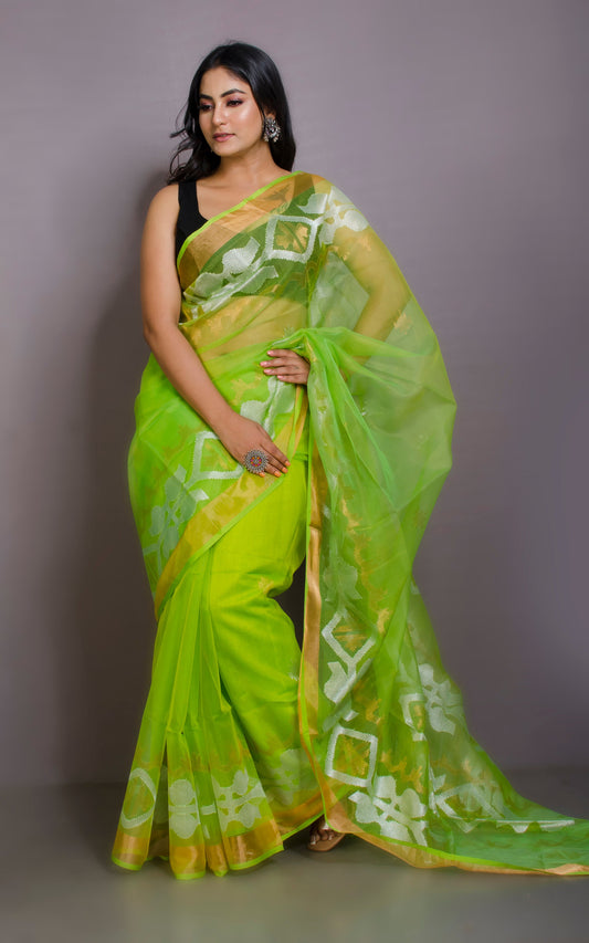 Traditional Karat Work Muslin Silk Jamdani Saree in Chartreuse Green