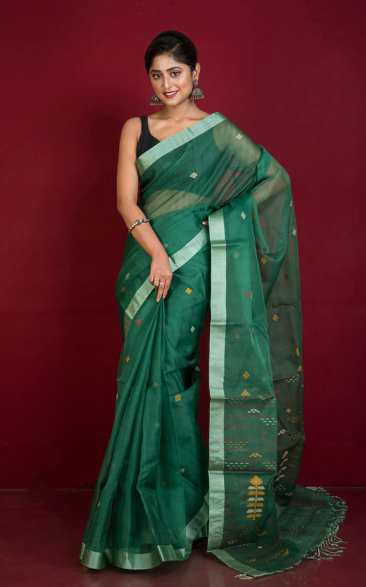 Poth Contrast Border Muslin Silk Jamdani Saree in Pine Green, Silver White and Multicolored