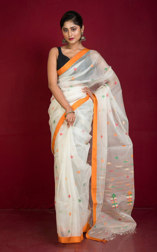 Poth Contrast Border Muslin Silk Jamdani Saree in Spring White, Saffron Orange and Multicolored