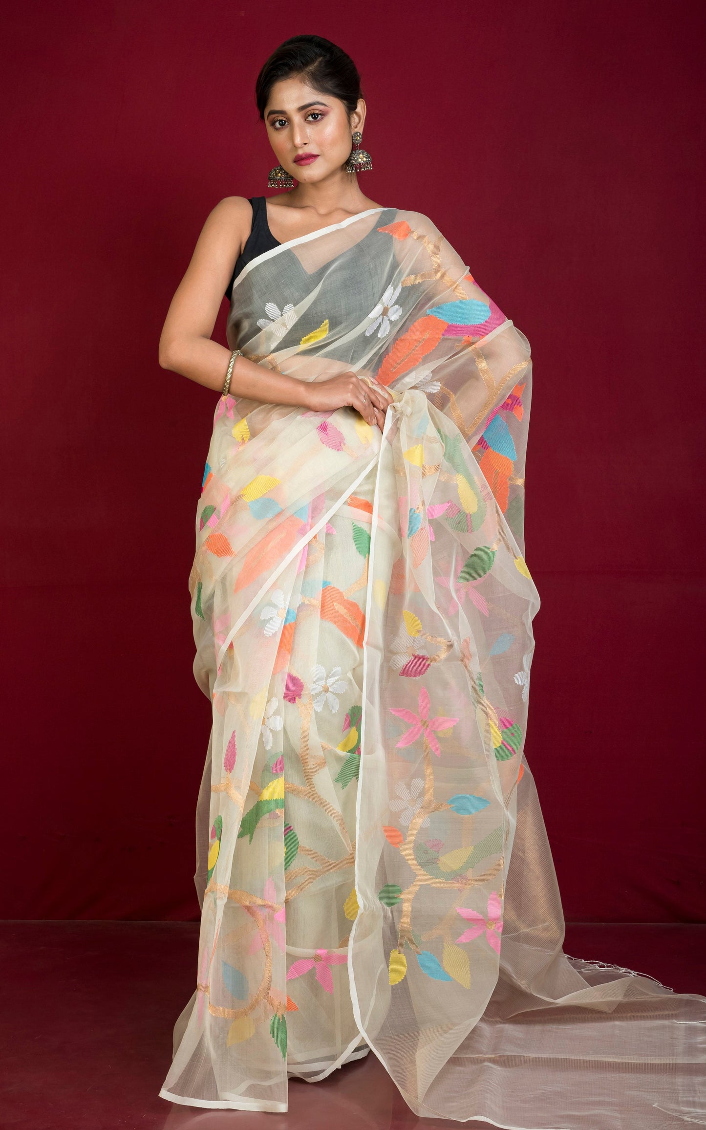 Peacock and Floral Motif Work Muslin Silk Jamdani Saree in Tulip White, Golden and Multicolored Thread Work