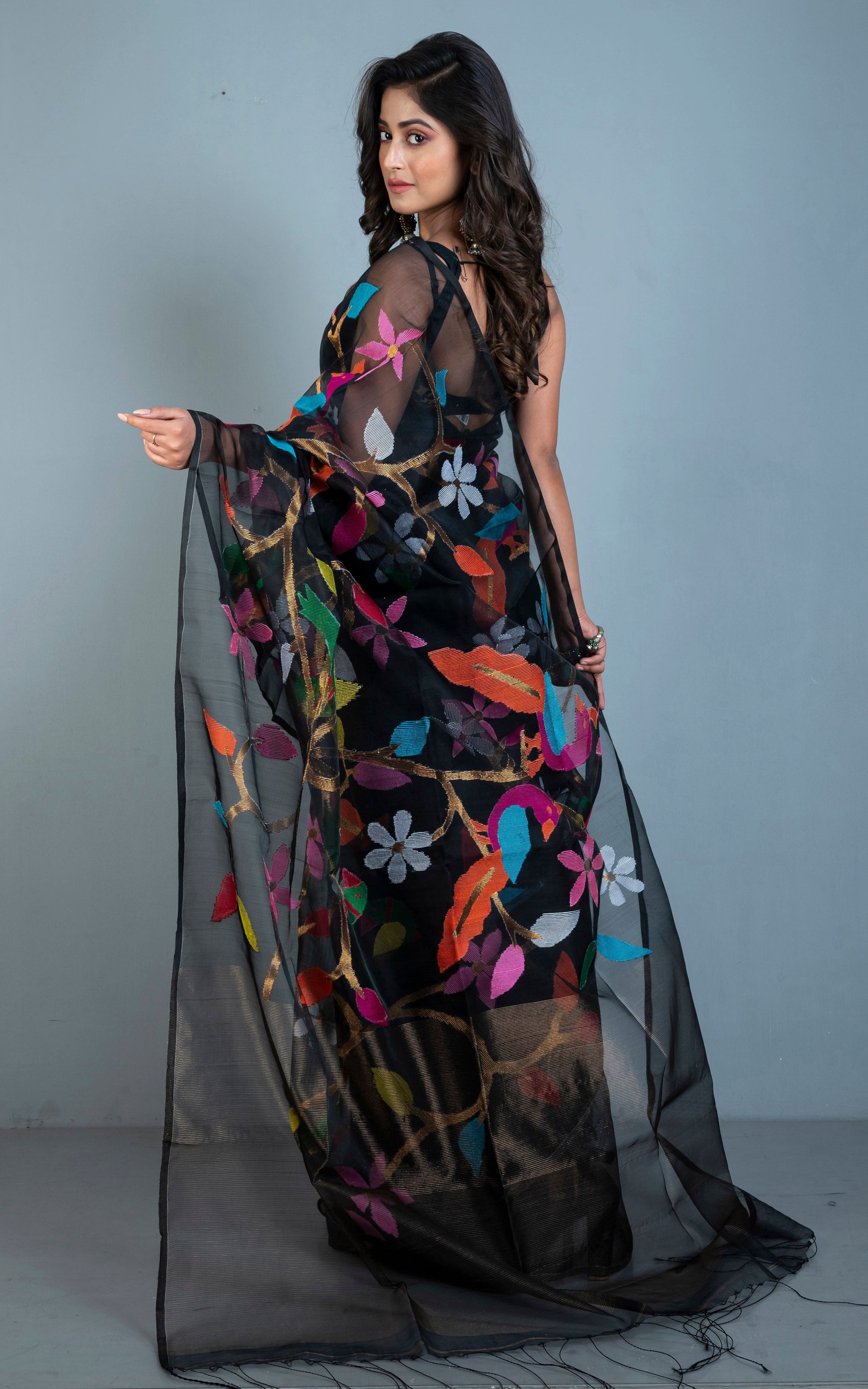 Peacock and Floral Motif Work Muslin Silk Jamdani Saree in Black, Golden and Multicolored Thread Work