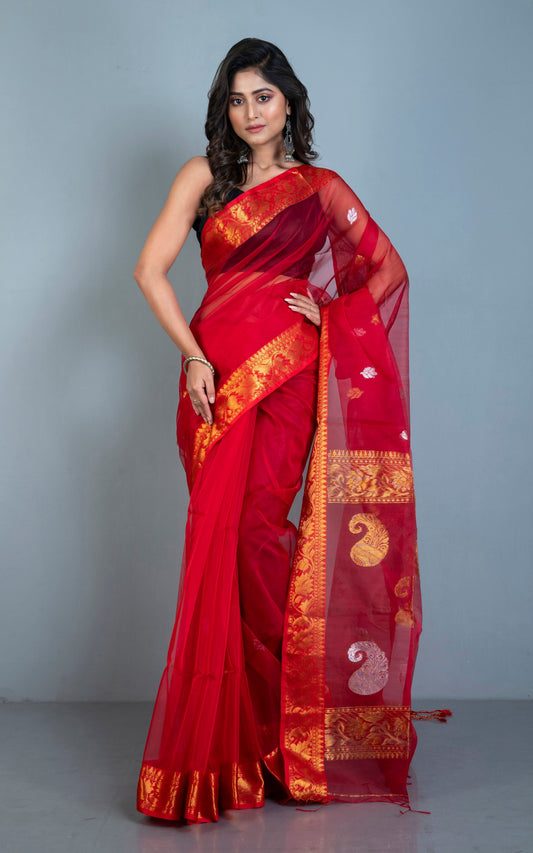 Soft Muslin Silk Banarasi Saree in Red, Golden and Silver Zari Work