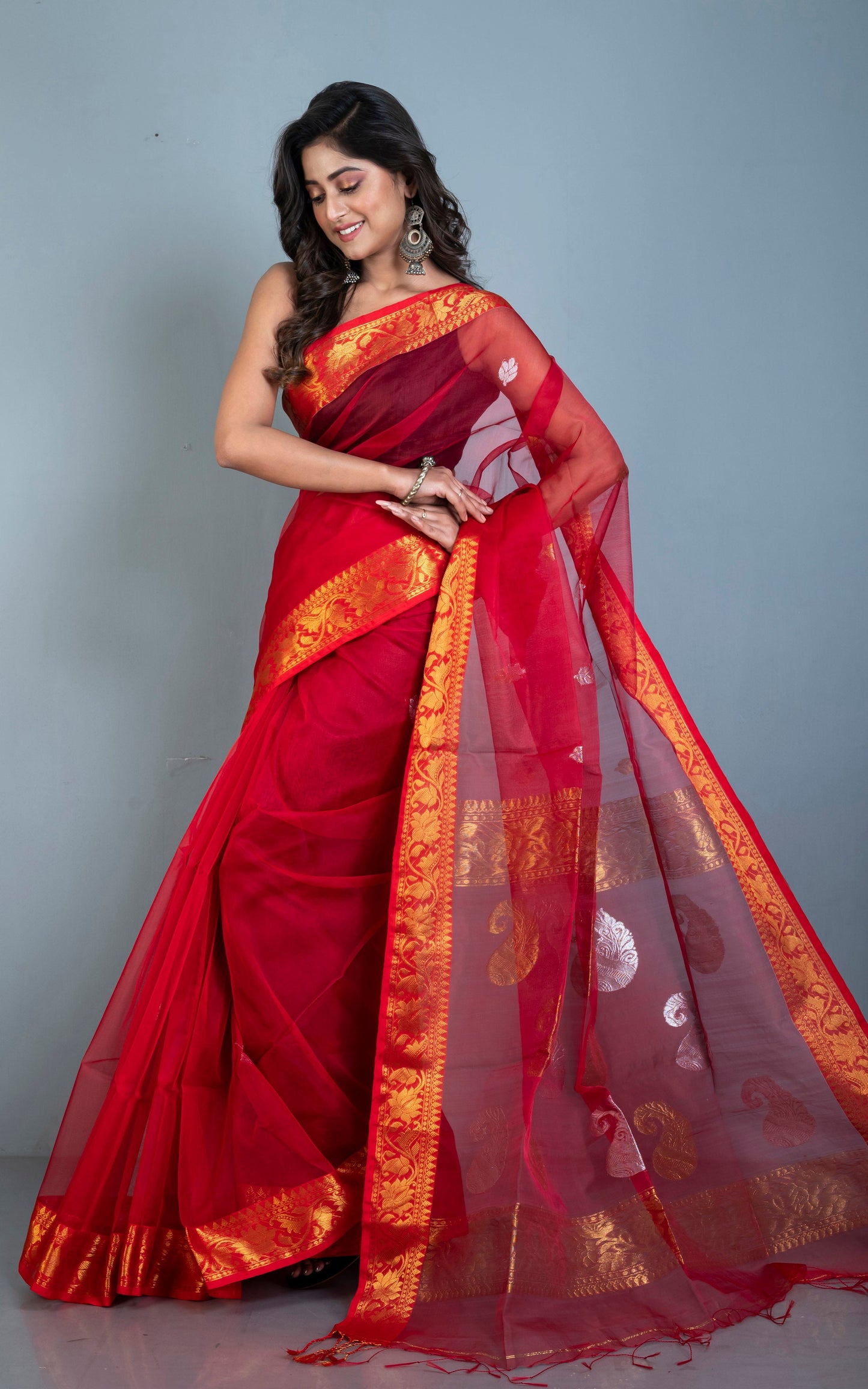 Soft Muslin Silk Banarasi Saree in Red, Golden and Silver Zari Work