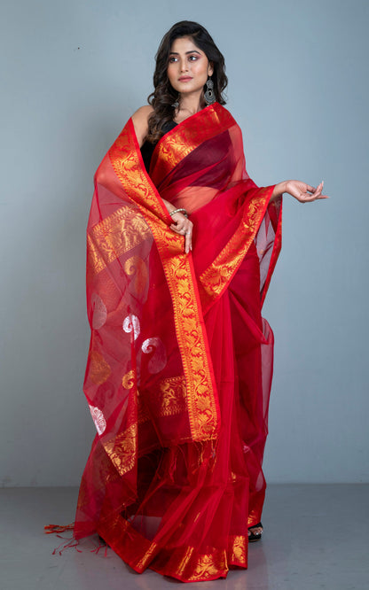 Soft Muslin Silk Banarasi Saree in Red, Golden and Silver Zari Work