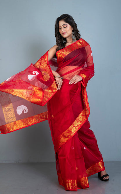 Soft Muslin Silk Banarasi Saree in Red, Golden and Silver Zari Work