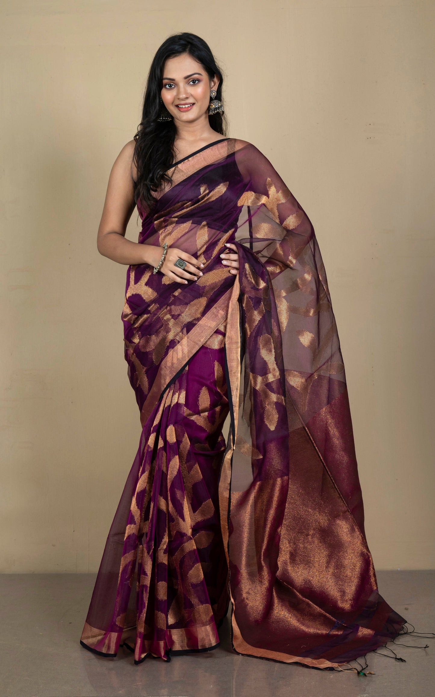 Jangla Jaal Work Muslin Silk Jamdani Saree in Royal Magenta, Black and Antique Gold