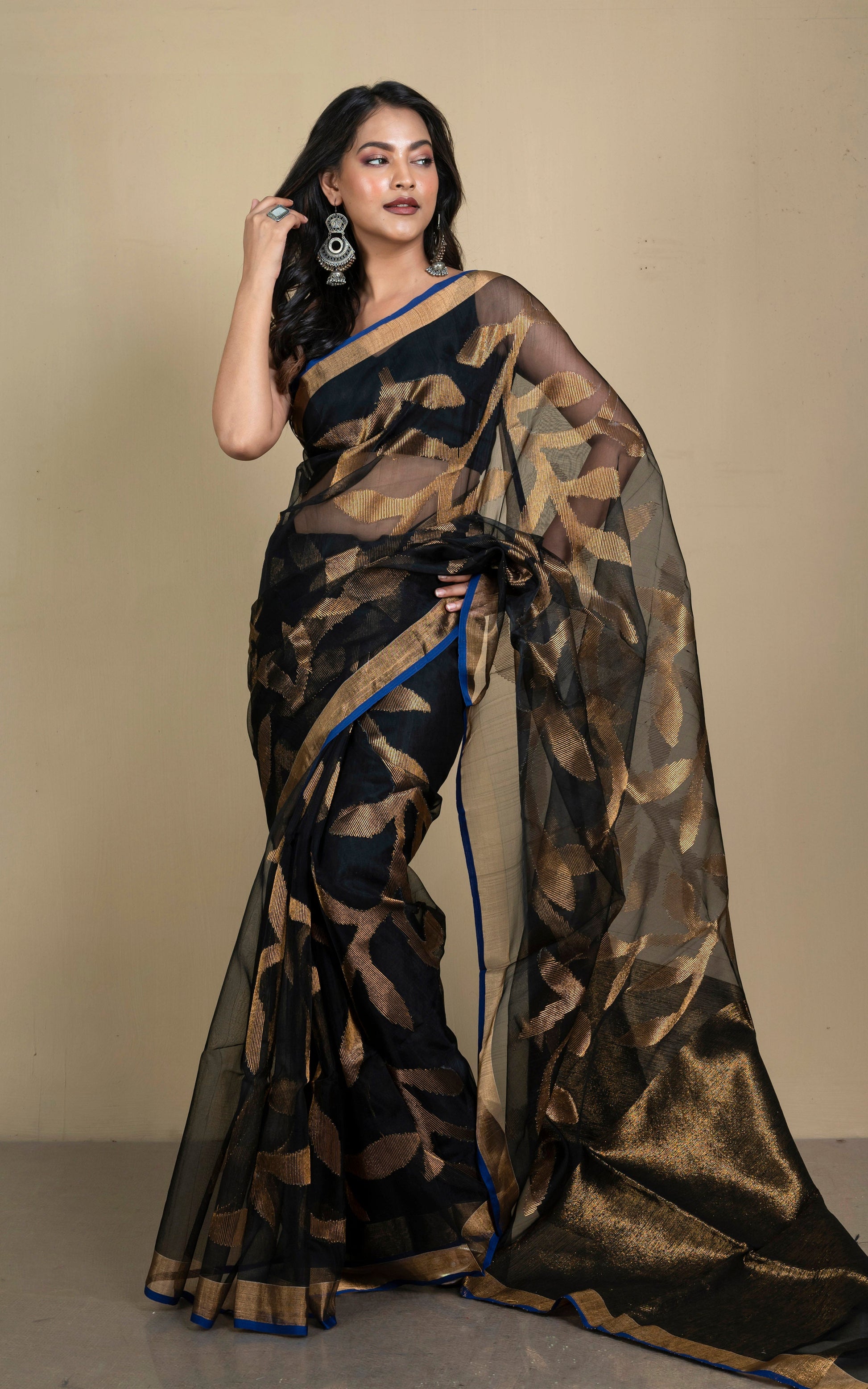 Jangla Jaal Work Muslin Silk Jamdani Saree in Black, Royal Blue and Antique Gold