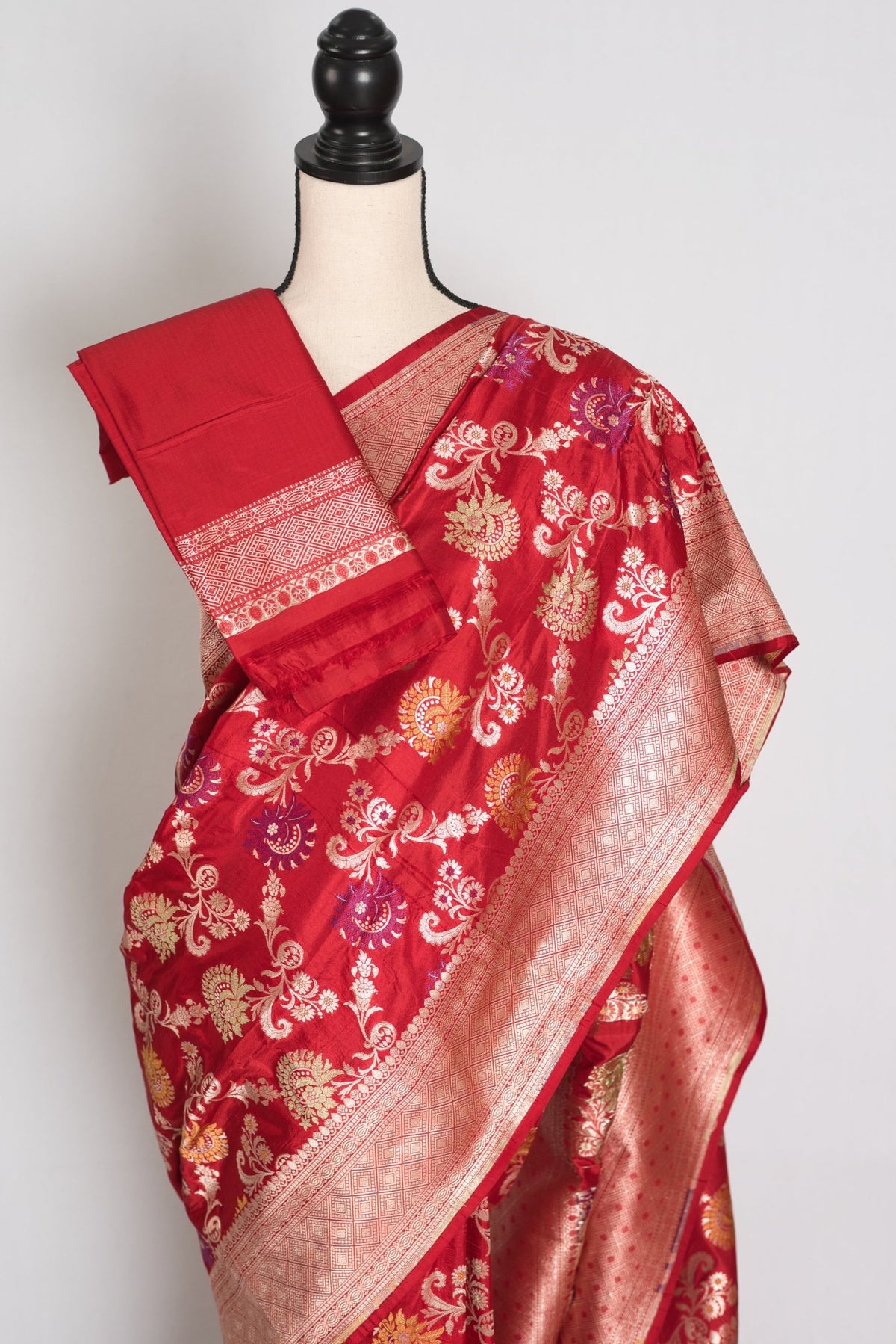 Dark Red Banarasi saree — drape view