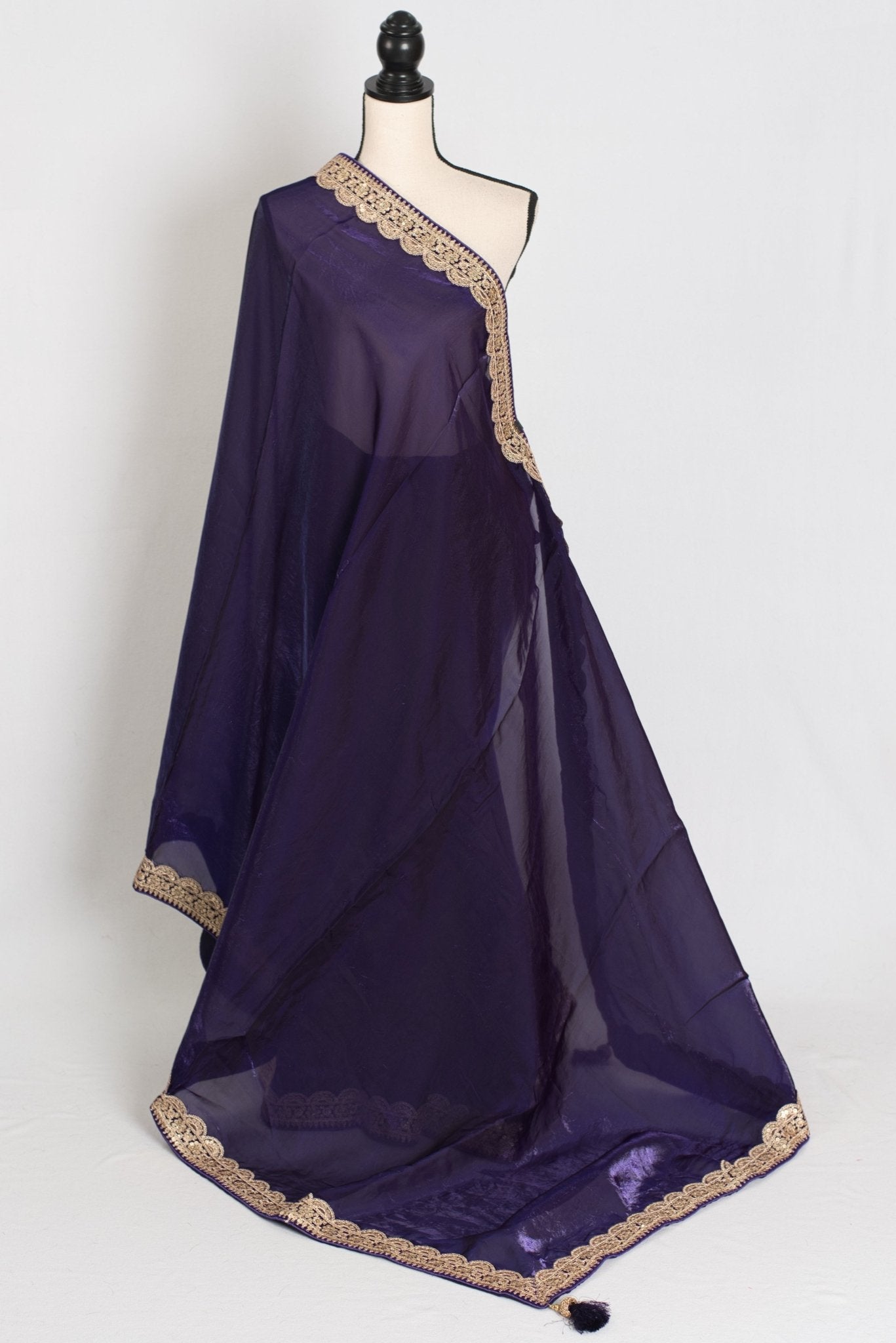 Nadia : Designer Glass Tissue Purple Partywear Saree with Patched Golden Border - Saree Mandi