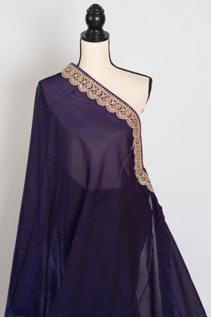 Nadia : Designer Glass Tissue Purple Partywear Saree with Patched Golden Border - Saree Mandi