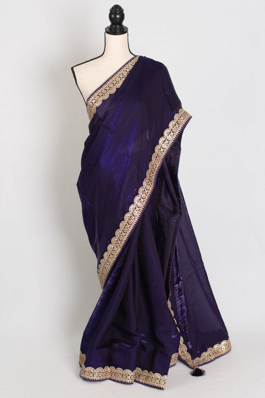 Nadia : Designer Glass Tissue Purple Partywear Saree with Patched Golden Border - Saree Mandi
