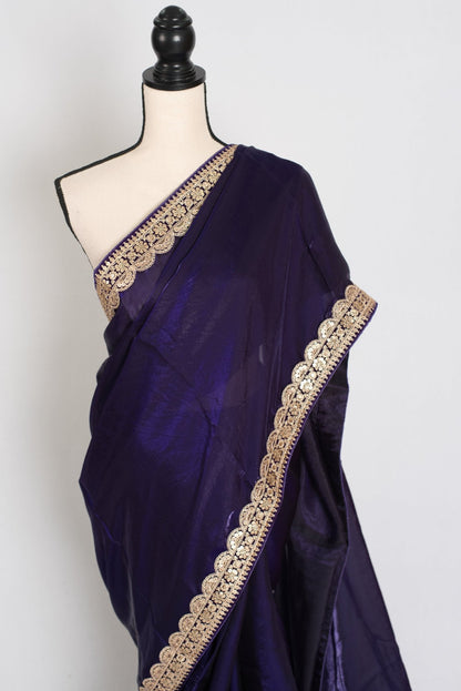 Nadia : Designer Glass Tissue Purple Partywear Saree with Patched Golden Border - Saree Mandi