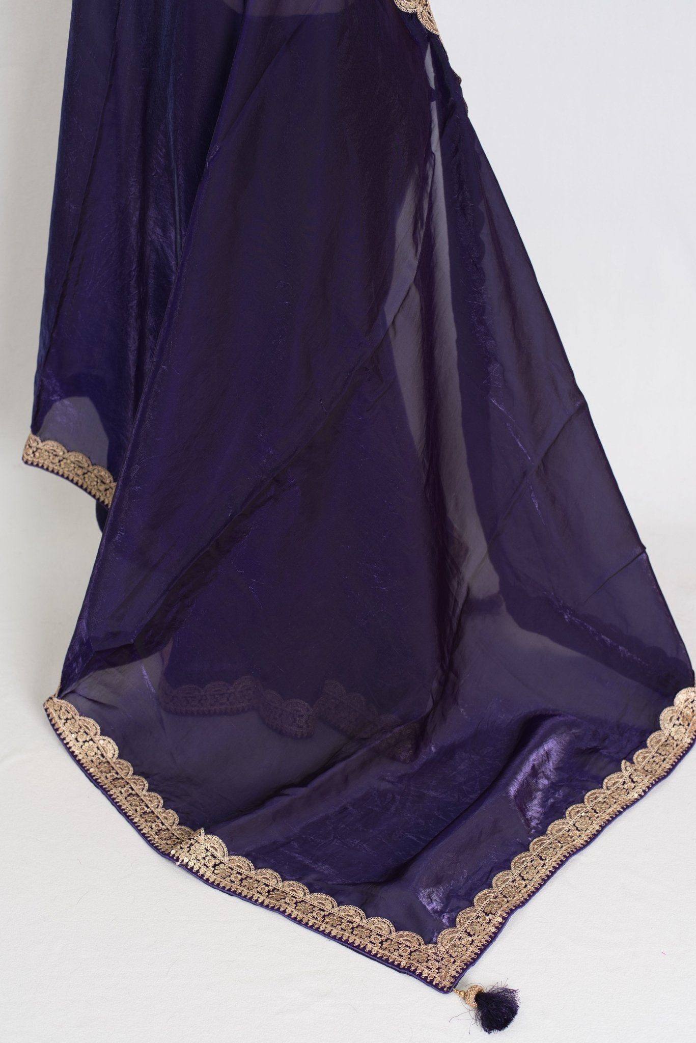 Nadia : Designer Glass Tissue Purple Partywear Saree with Patched Golden Border - Saree Mandi