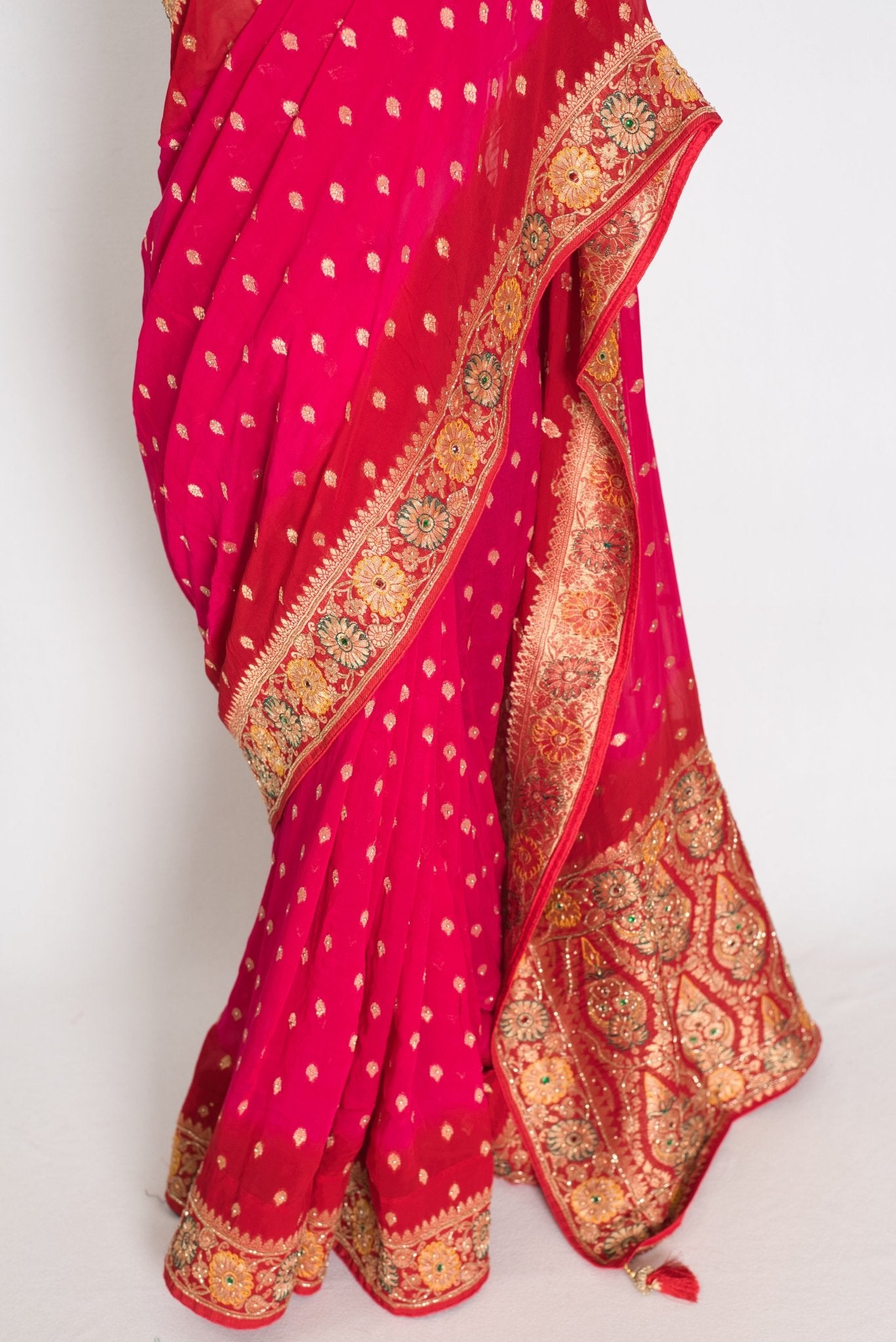 Nadira | Dark Pink & Red Crepe Georgette Banarasi Saree | Hand-Embroidery - Saree Mandi