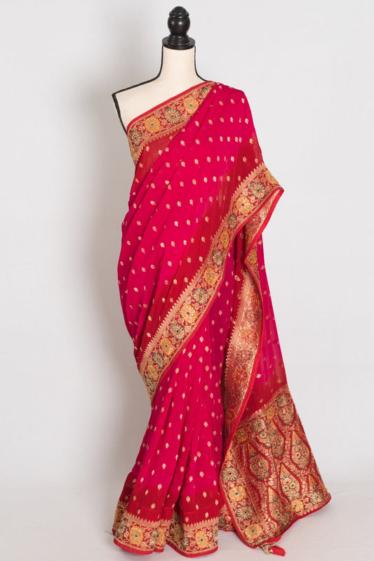 Nadira | Dark Pink & Red Crepe Georgette Banarasi Saree | Hand-Embroidery - Saree Mandi