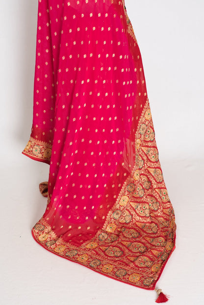 Nadira | Dark Pink & Red Crepe Georgette Banarasi Saree | Hand-Embroidery - Saree Mandi