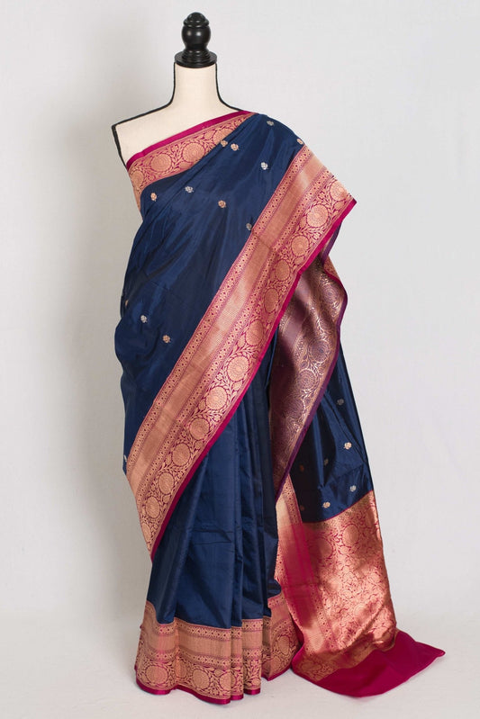 Nalini : Certified Silk Banarasi Saree in Dark Blue with Silver and Golden Motif - Saree Mandi