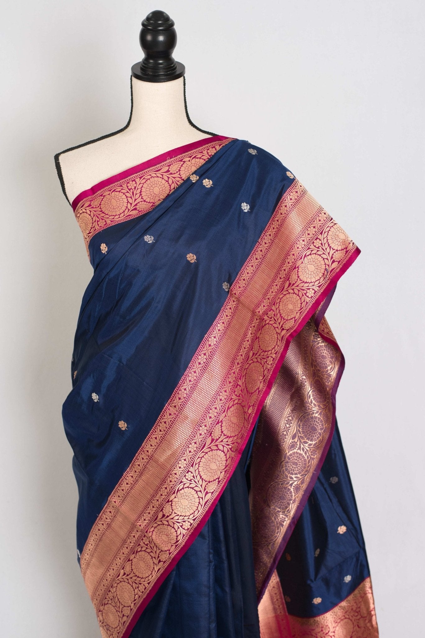 Nalini : Certified Silk Banarasi Saree in Dark Blue with Silver and Golden Motif - Saree Mandi