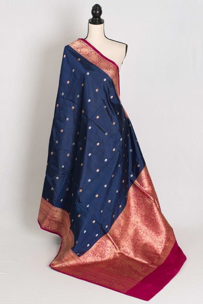 Nalini : Certified Silk Banarasi Saree in Dark Blue with Silver and Golden Motif - Saree Mandi
