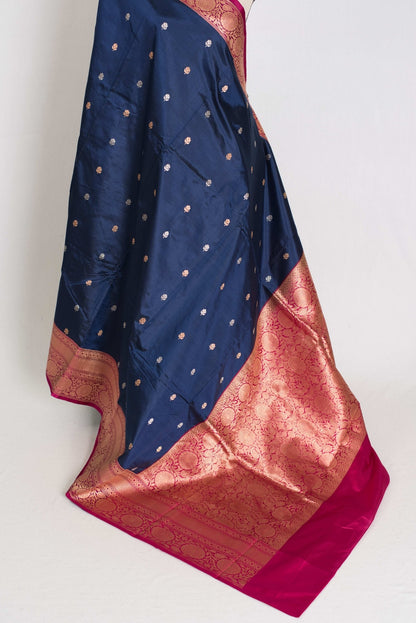 Nalini : Certified Silk Banarasi Saree in Dark Blue with Silver and Golden Motif - Saree Mandi