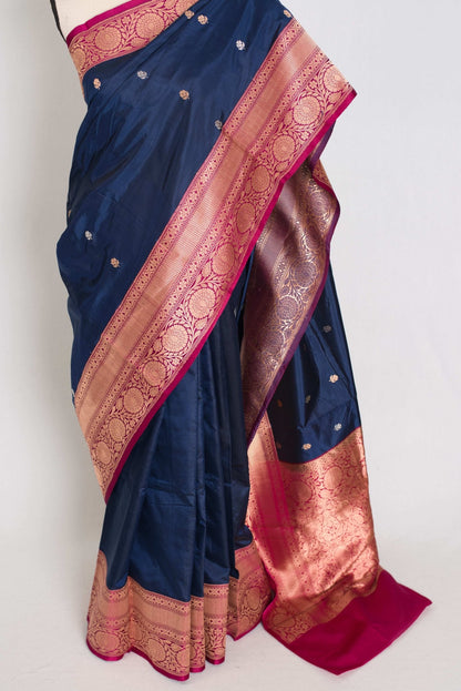 Nalini : Certified Silk Banarasi Saree in Dark Blue with Silver and Golden Motif - Saree Mandi