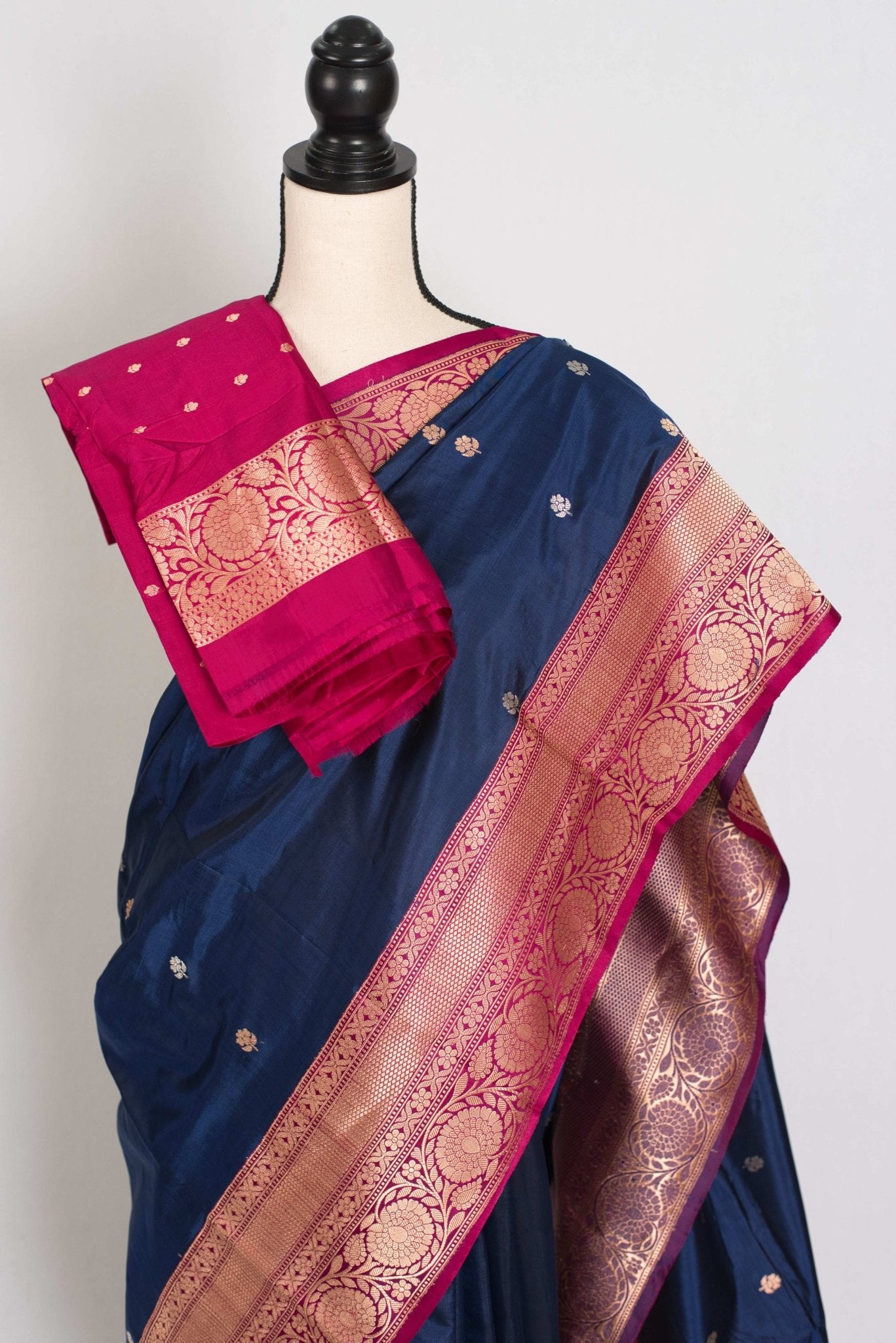 Nalini : Certified Silk Banarasi Saree in Dark Blue with Silver and Golden Motif - Saree Mandi