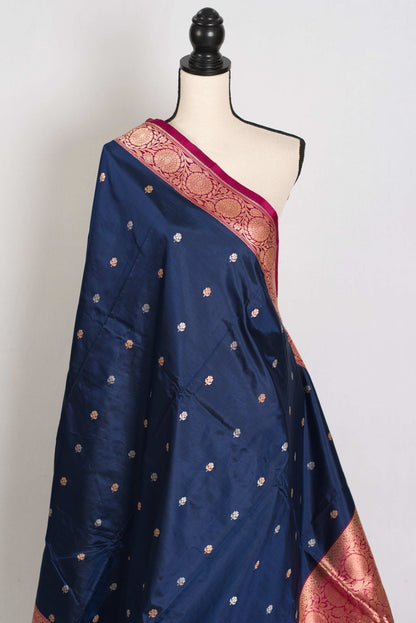 Nalini : Certified Silk Banarasi Saree in Dark Blue with Silver and Golden Motif - Saree Mandi