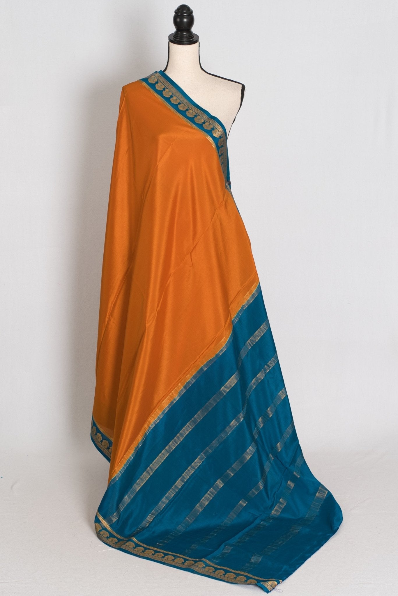 Nandini Orange and Turquoise Pure Mysore Silk Crepe Saree with 36 Size Blouse - Saree Mandi
