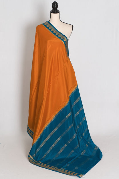Nandini Orange and Turquoise Pure Mysore Silk Crepe Saree with 36 Size Blouse - Saree Mandi