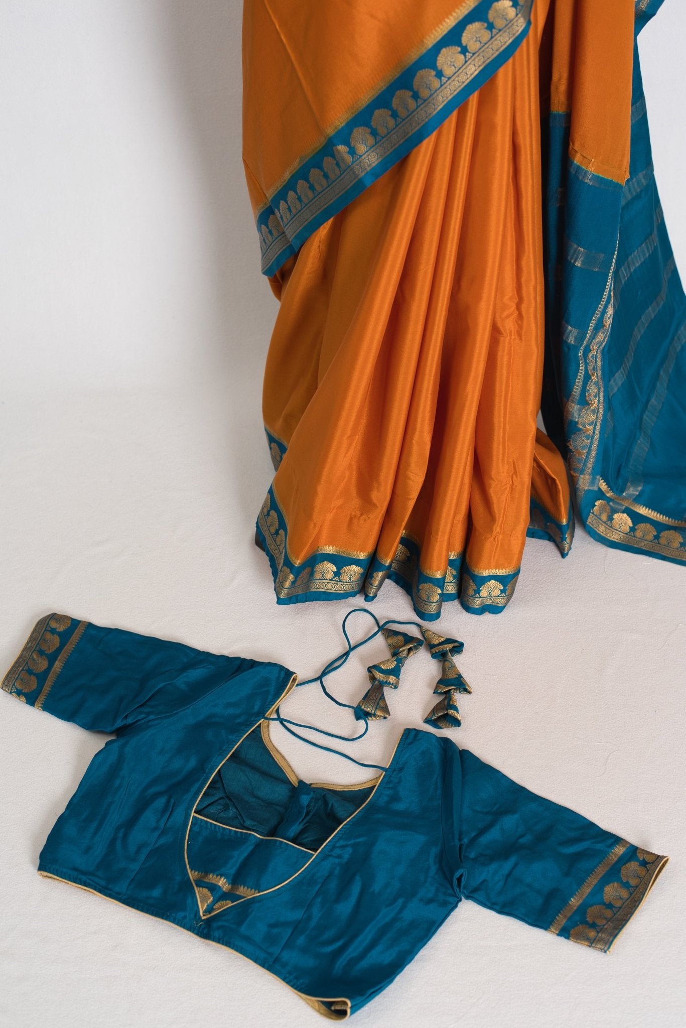 Nandini Orange and Turquoise Pure Mysore Silk Crepe Saree with 36 Size Blouse - Saree Mandi