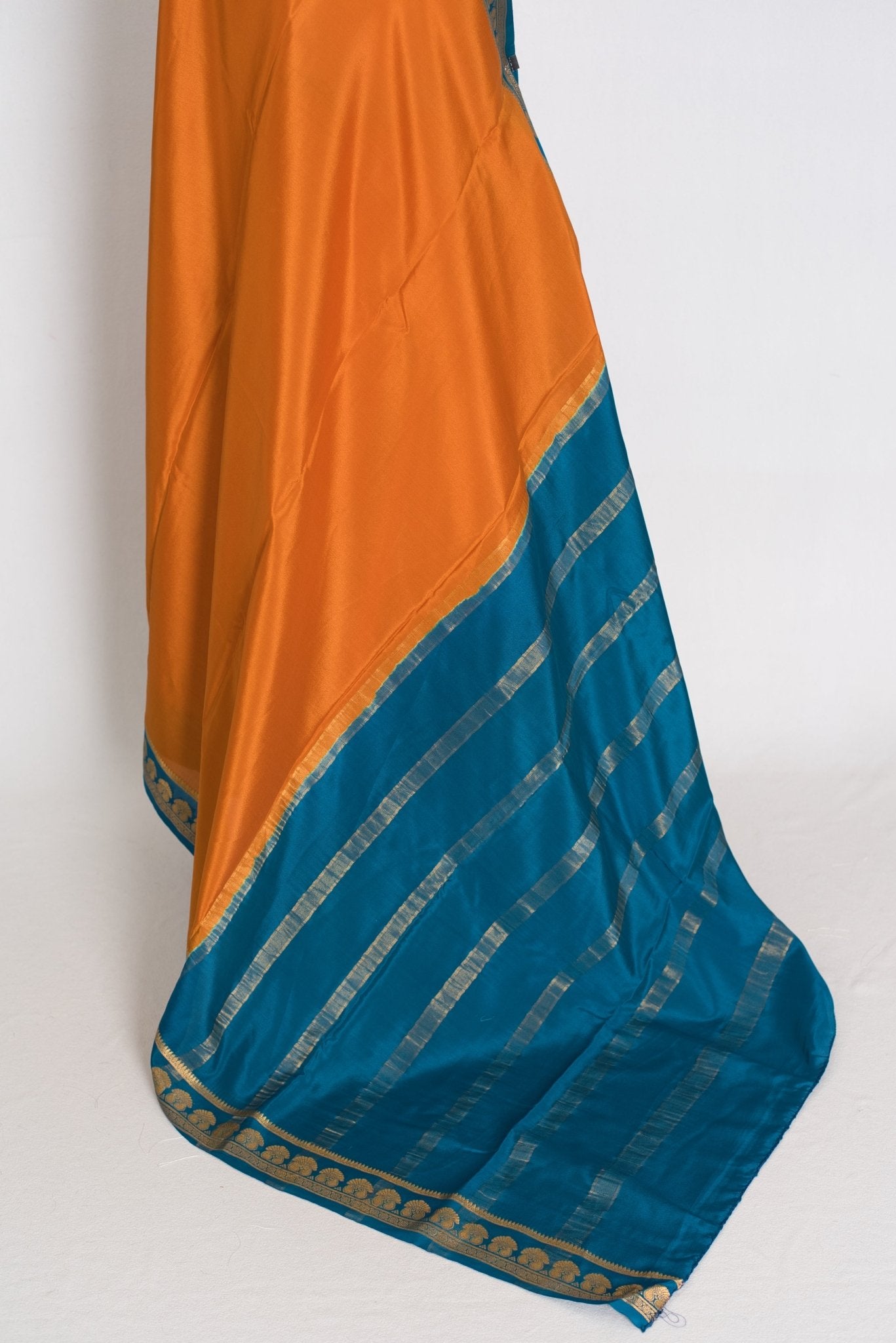 Nandini Orange and Turquoise Pure Mysore Silk Crepe Saree with 36 Size Blouse - Saree Mandi