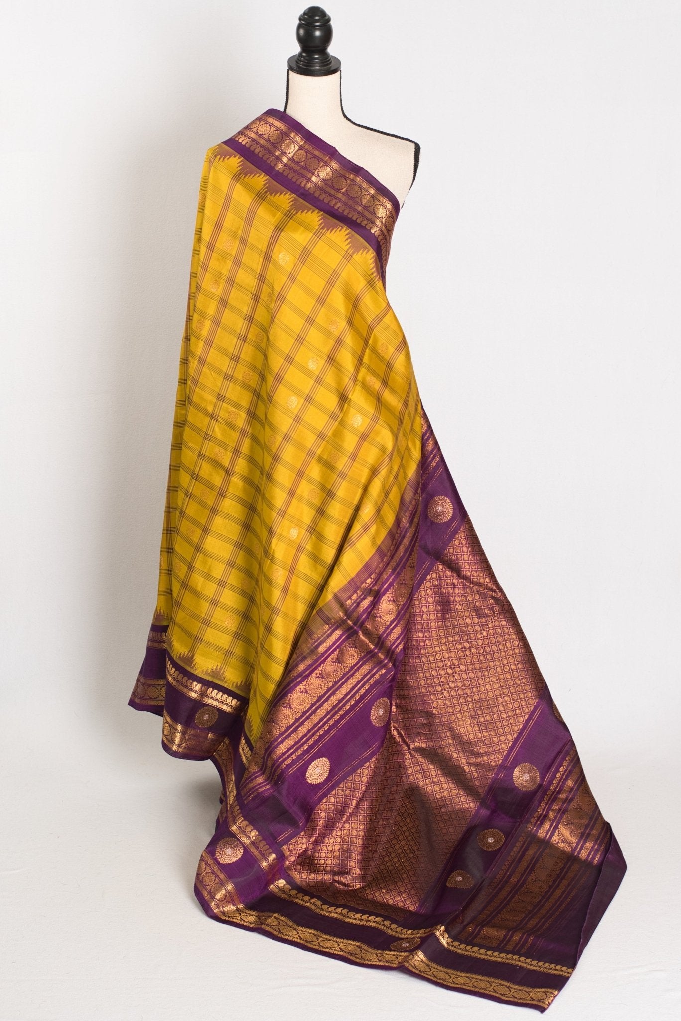 Nandini: Yellow and Purple Checks Handwoven Gadwal Silk Saree with Golden Zari - Saree Mandi