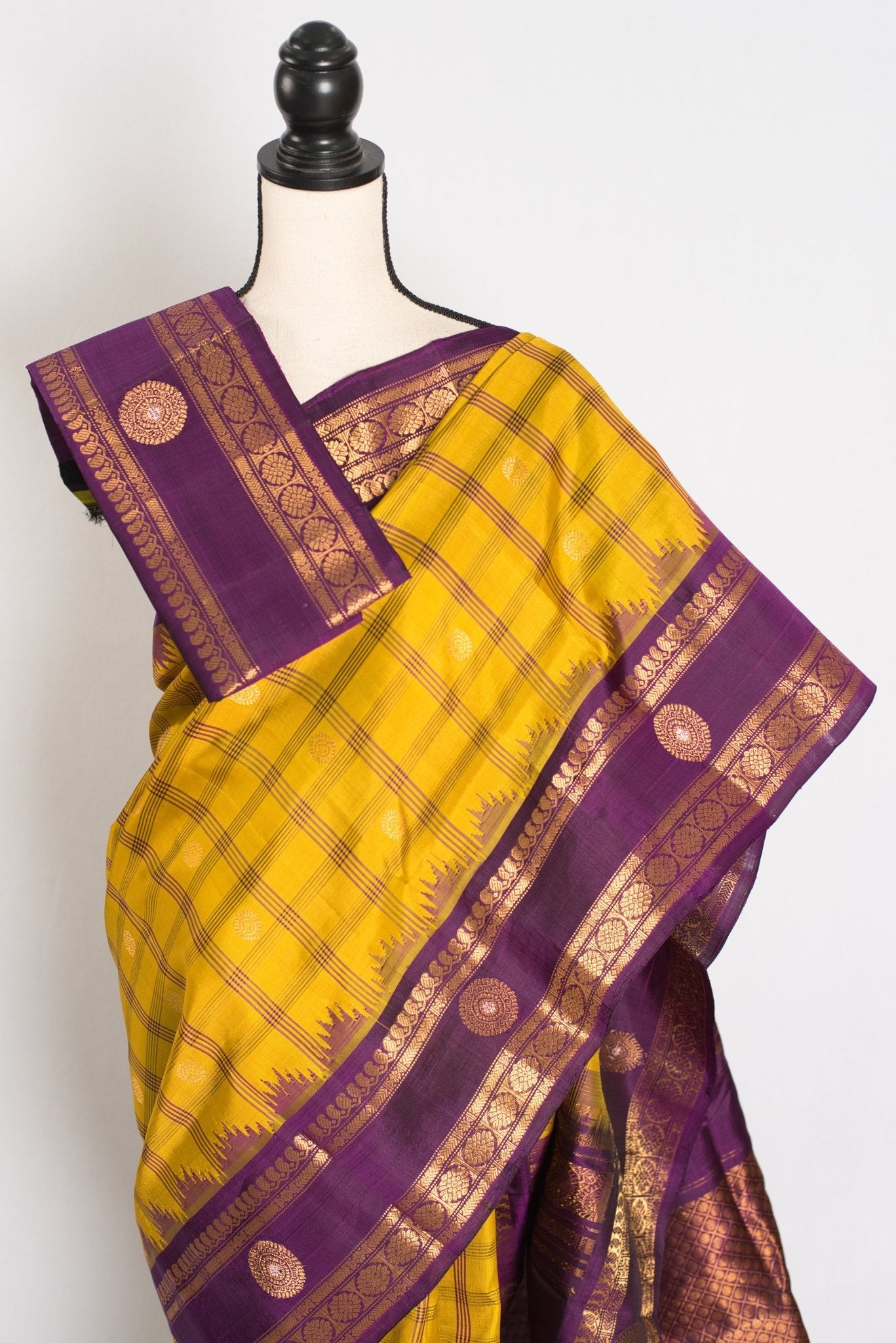 Nandini: Yellow and Purple Checks Handwoven Gadwal Silk Saree with Golden Zari - Saree Mandi