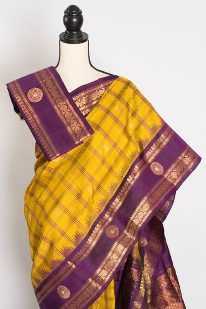 Nandini: Yellow and Purple Checks Handwoven Gadwal Silk Saree with Golden Zari - Saree Mandi