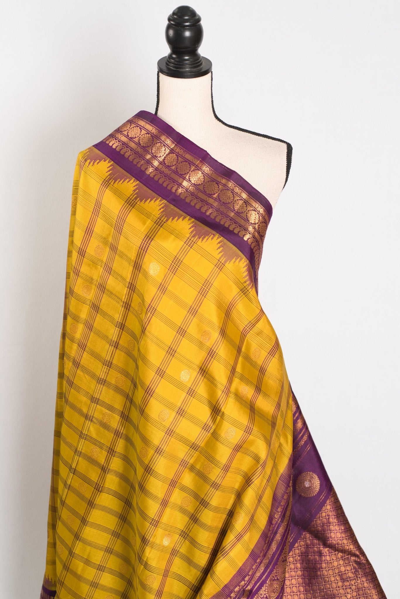 Nandini: Yellow and Purple Checks Handwoven Gadwal Silk Saree with Golden Zari - Saree Mandi