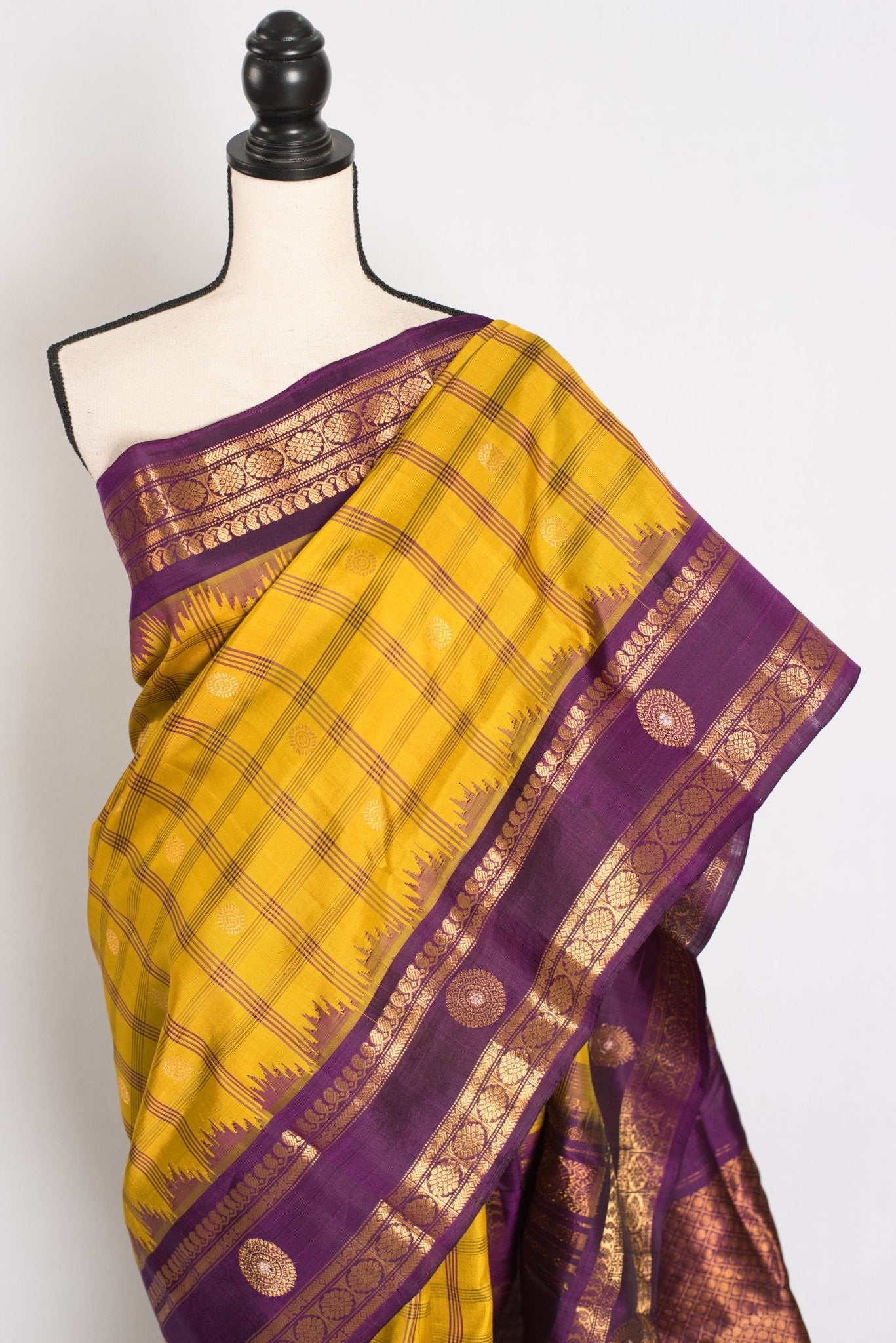 Nandini: Yellow and Purple Checks Handwoven Gadwal Silk Saree with Golden Zari - Saree Mandi